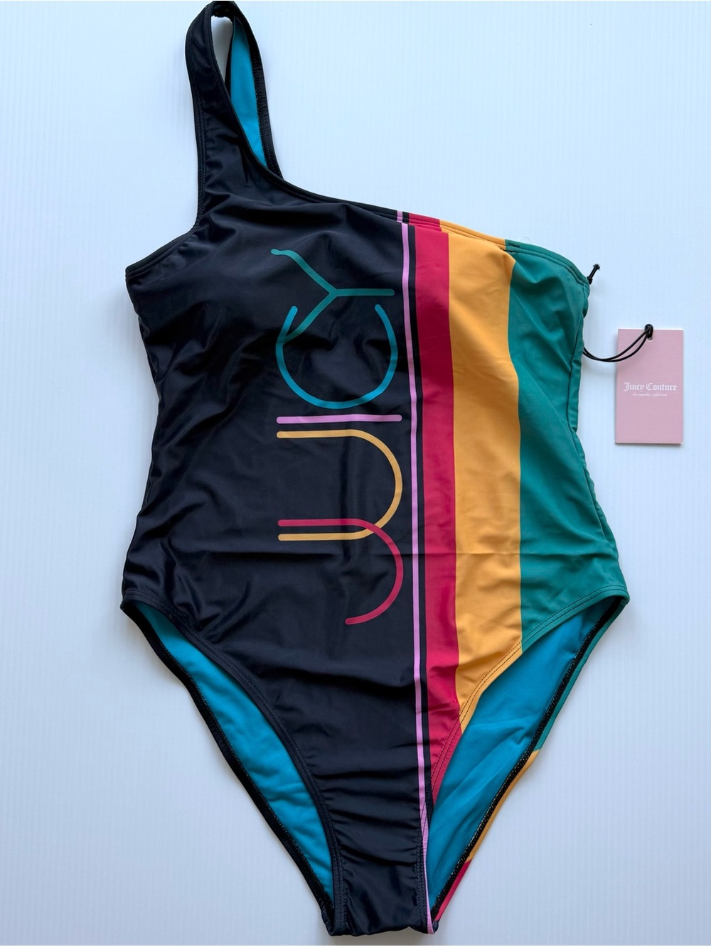 NWT Juicy Couture One Shoulder Color Block Logo One Piece Swimsuit L